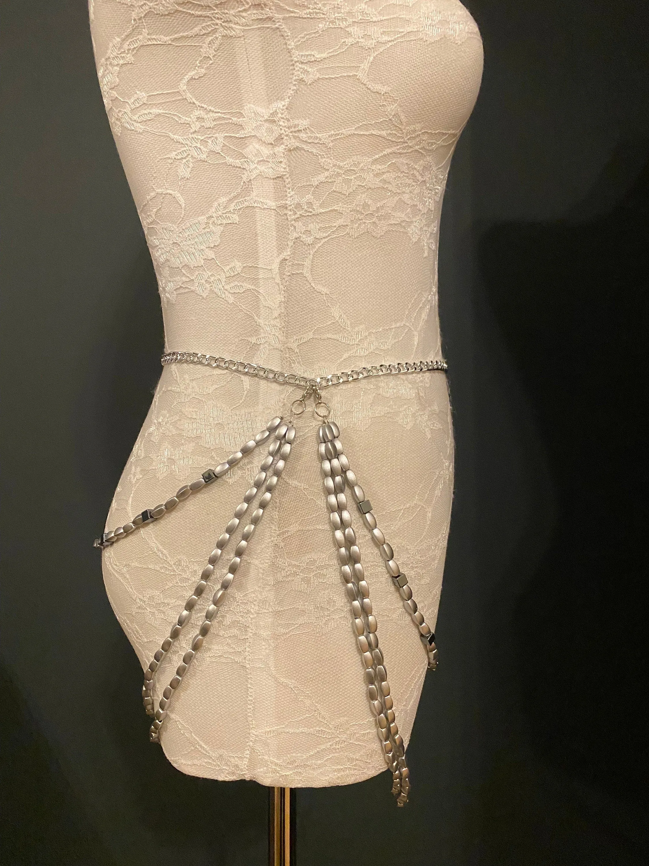 X-long Layered Bead Chain Belt, Fashion Bead Belt, Festival, Silver, UK sizes 4-36