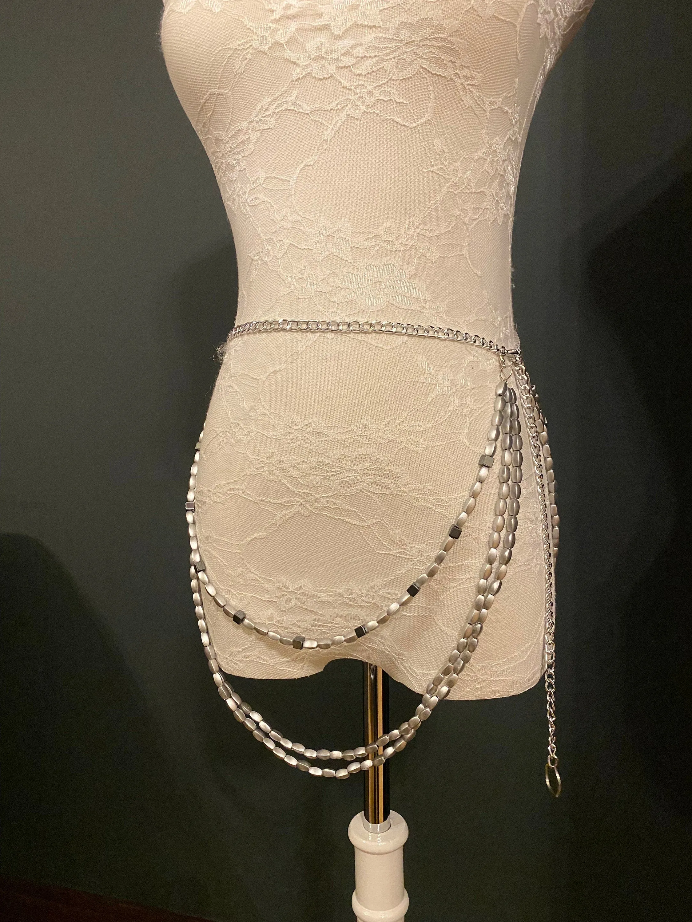 X-long Layered Bead Chain Belt, Fashion Bead Belt, Festival, Silver, UK sizes 4-36