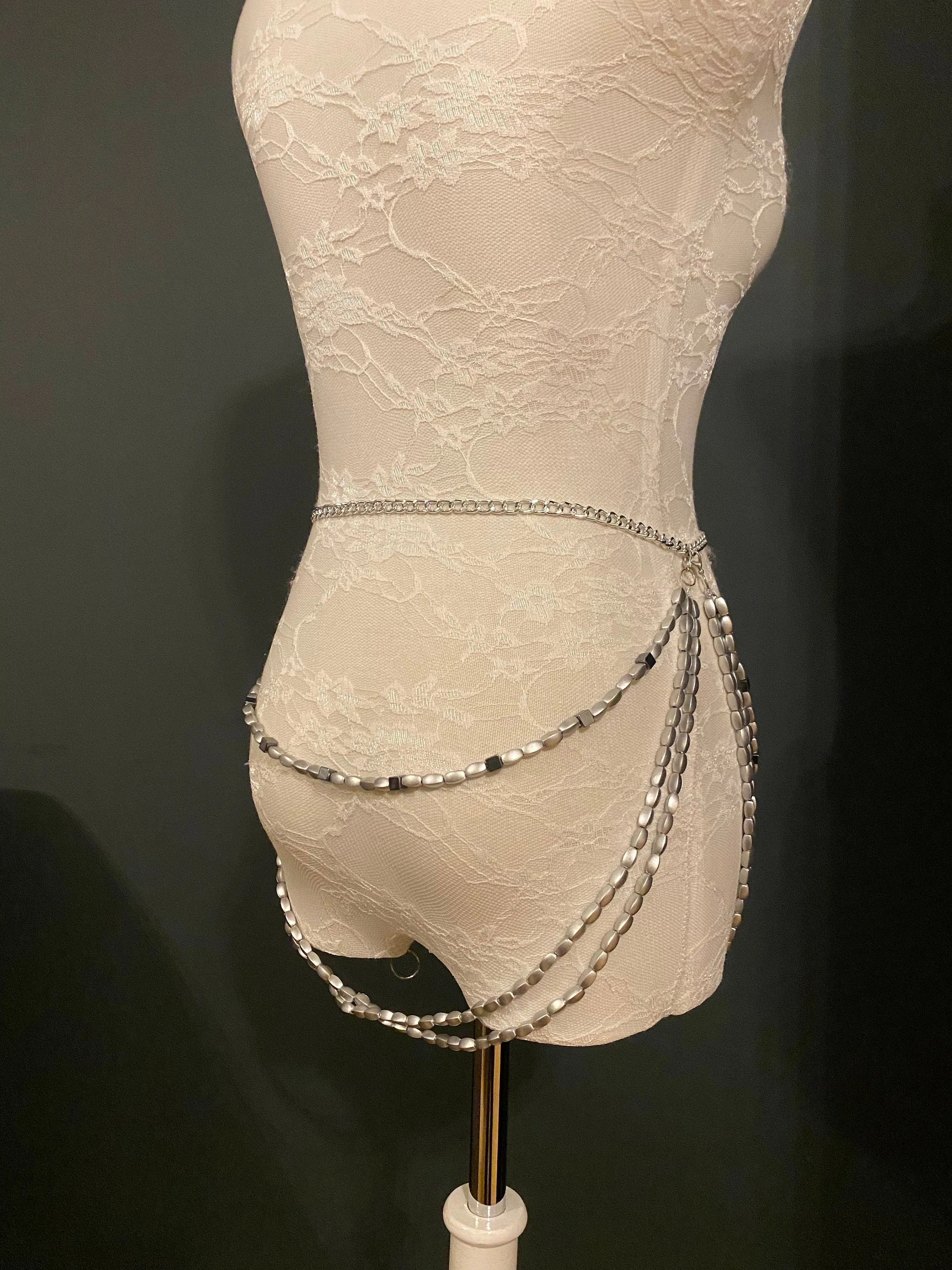 X-long Layered Bead Chain Belt, Fashion Bead Belt, Festival, Silver, UK sizes 4-36