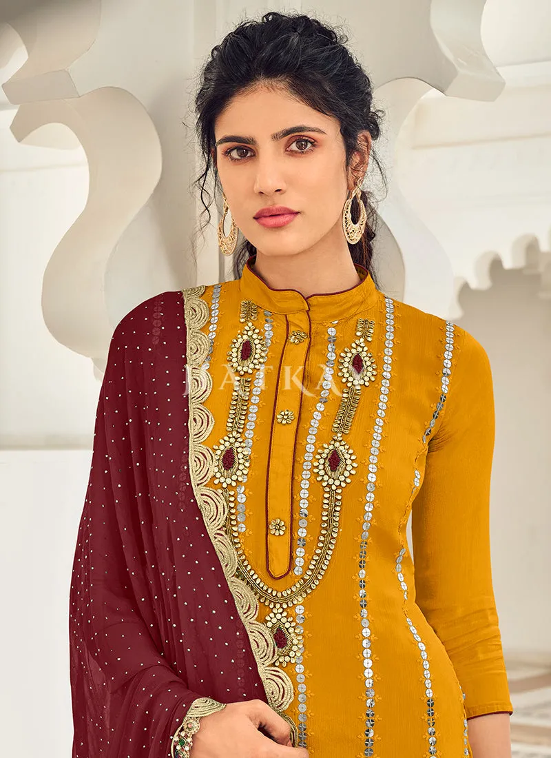 Yellow And Maroon Embroidered Gharara Style Suit