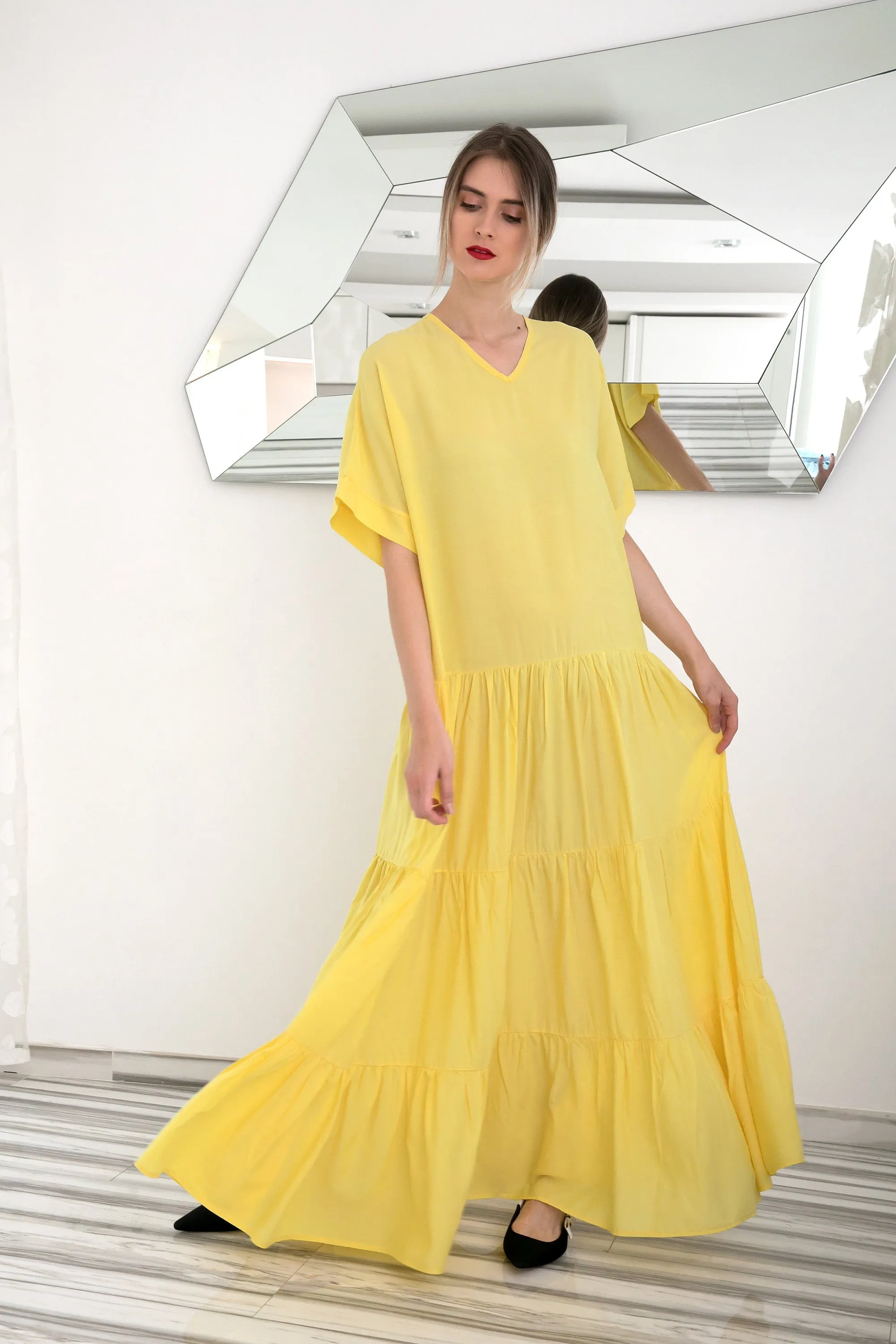 Yellow Maxi Dress, Kaftan Dress, Boho Dress, Plus Size Clothing, Beach Caftan, Bohemian Clothing, Ruffle Dress, Maternity Dress, Summer
