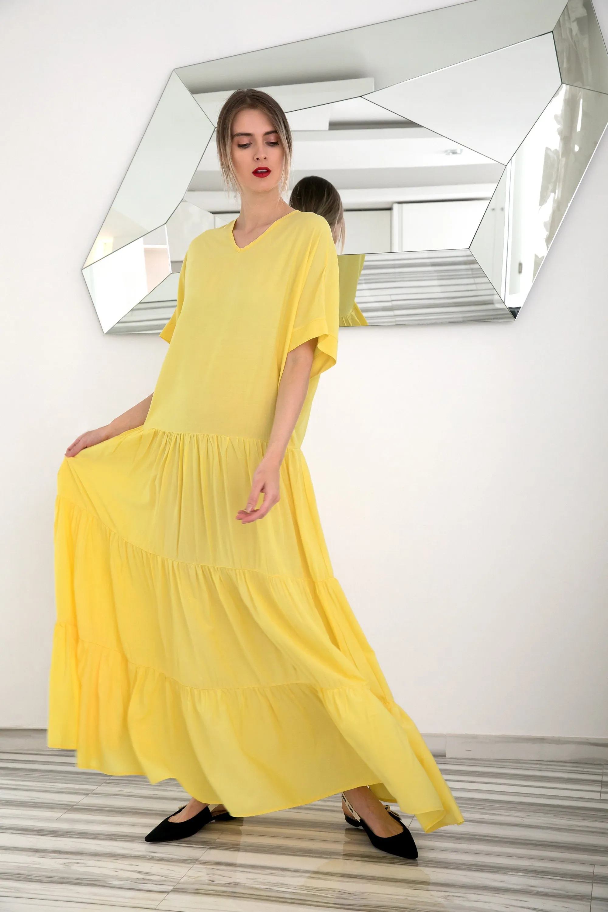 Yellow Maxi Dress, Kaftan Dress, Boho Dress, Plus Size Clothing, Beach Caftan, Bohemian Clothing, Ruffle Dress, Maternity Dress, Summer