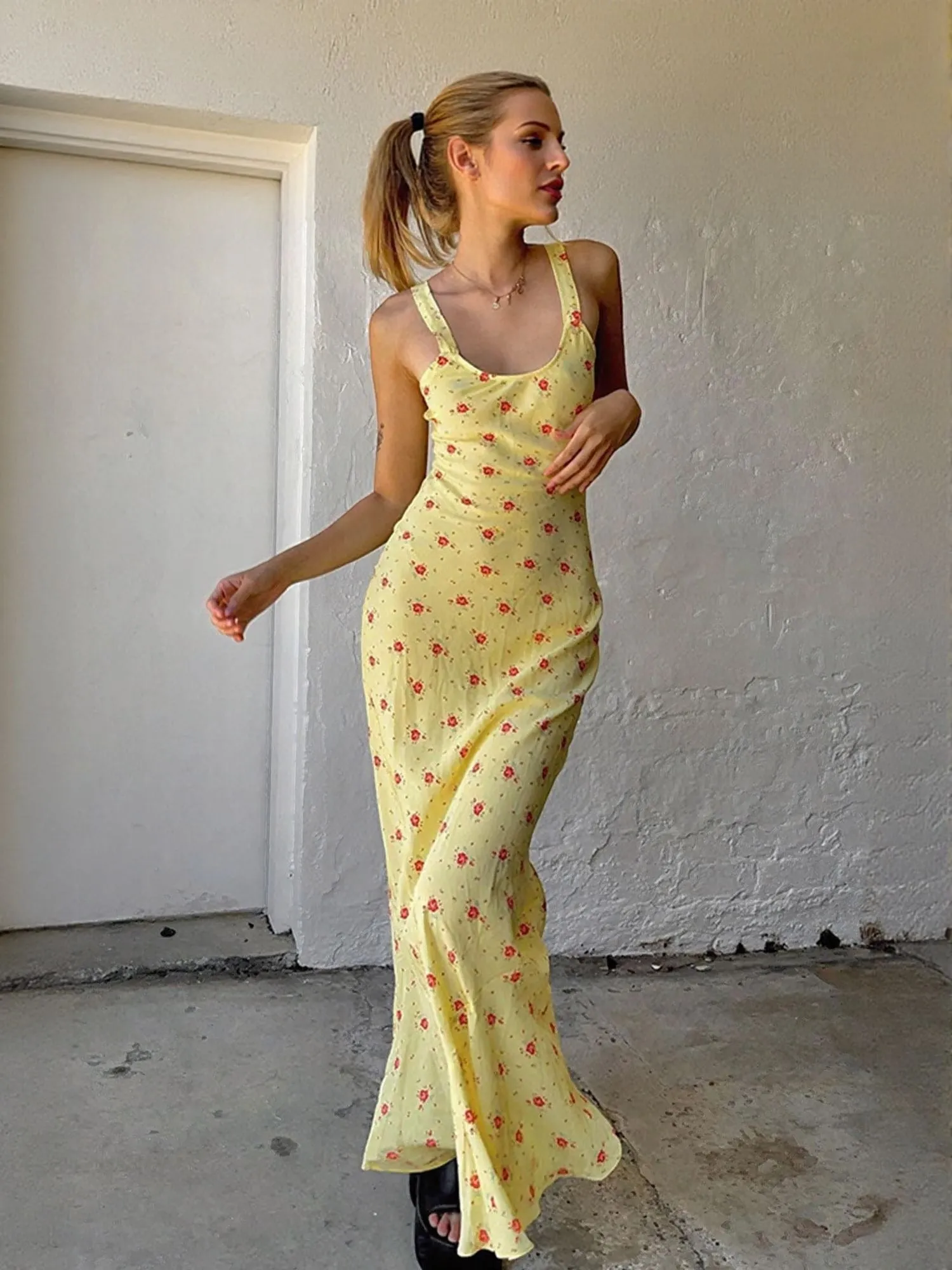 Yellow Printed Fit And Flare Dress