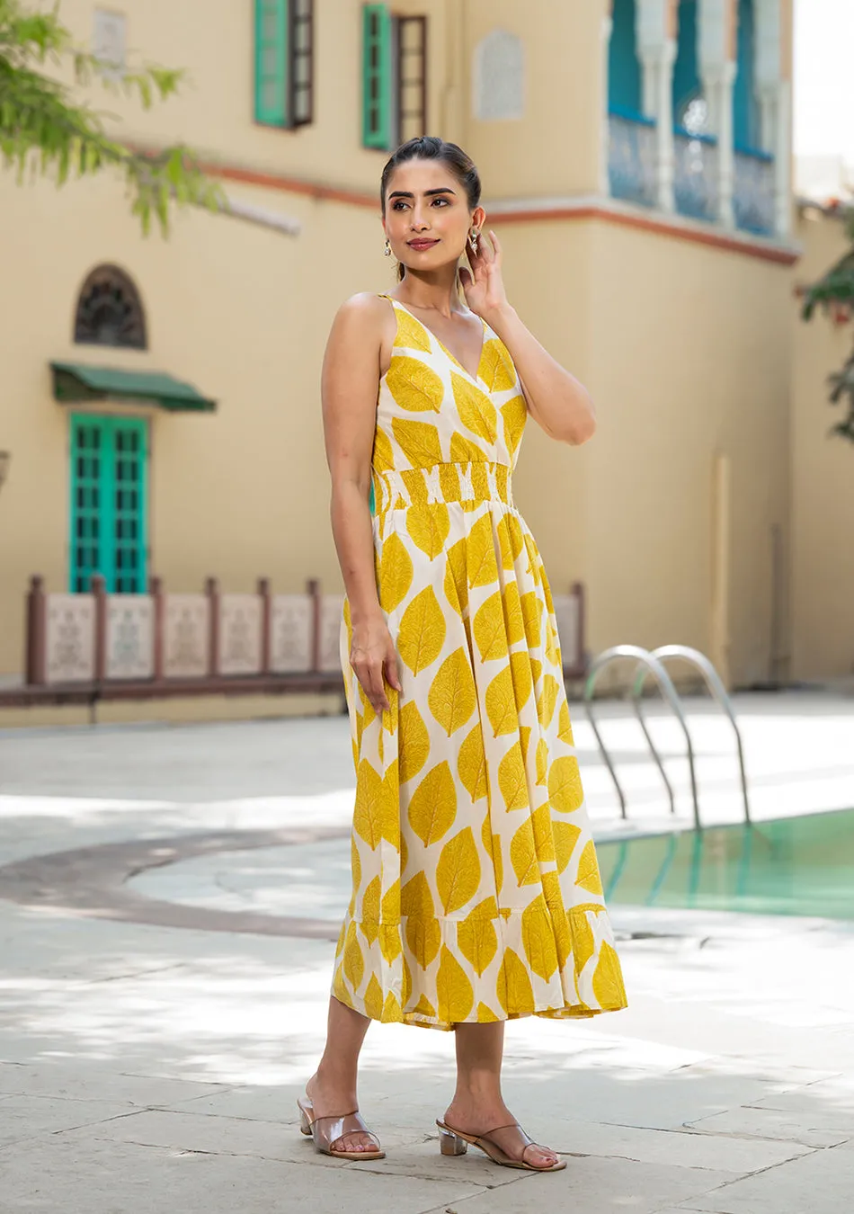 Yellow Printed Pure Cotton Fit & Flare Dress