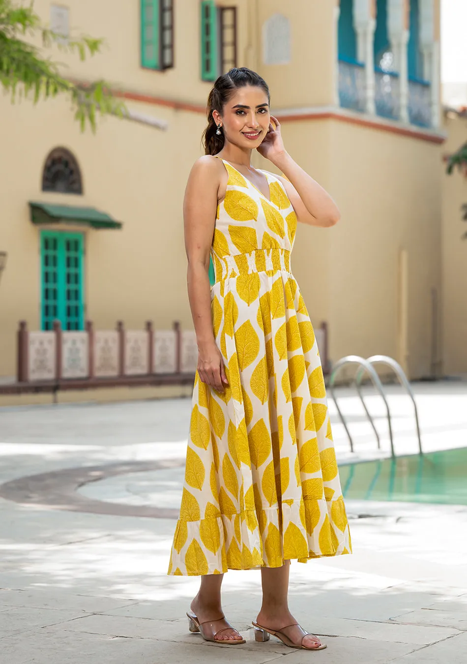 Yellow Printed Pure Cotton Fit & Flare Dress