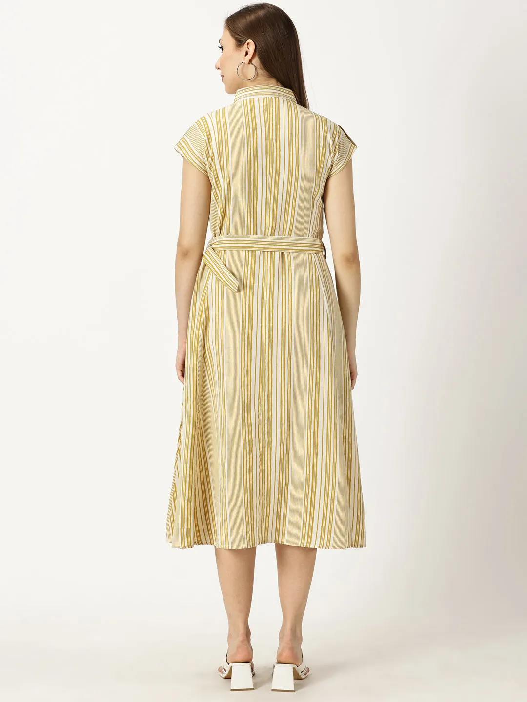 Yellow Striped Print Cotton Flax Dress With Belt Buckle