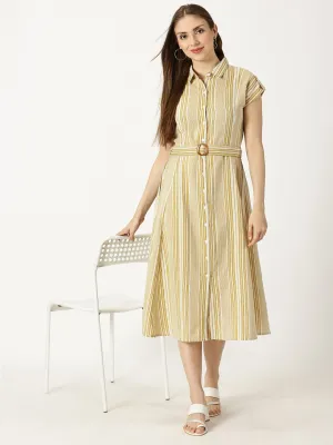 Yellow Striped Print Cotton Flax Dress With Belt Buckle