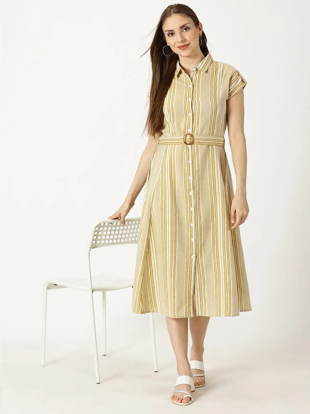 Yellow Striped Print Cotton Flax Dress With Belt Buckle