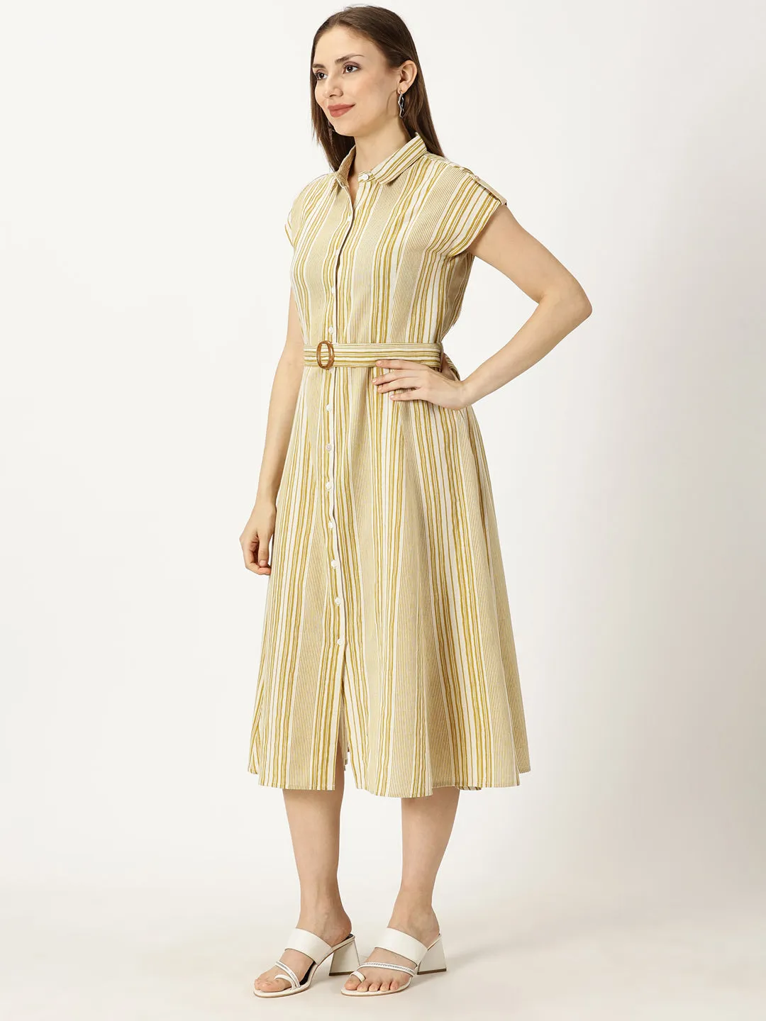Yellow Striped Print Cotton Flax Dress With Belt Buckle