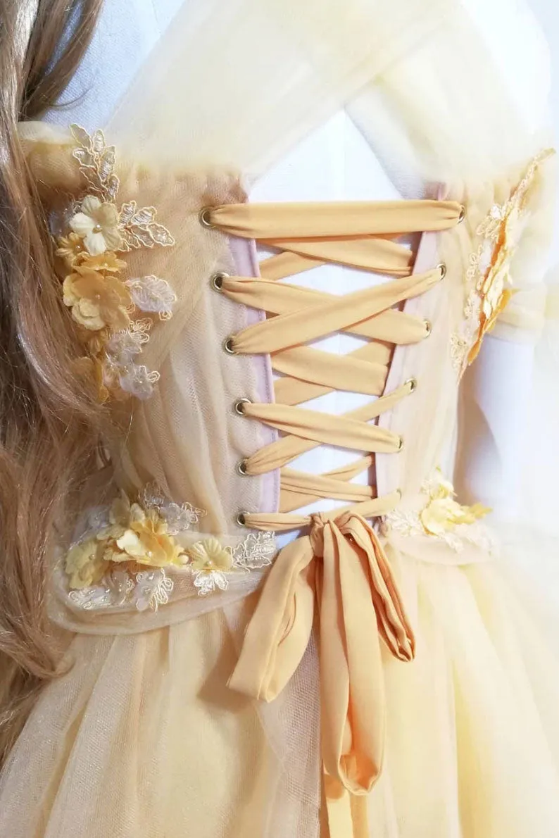 Yellow sweetheart tulle lace long prom dress yellow formal dress