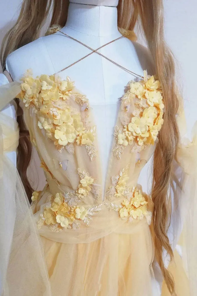 Yellow sweetheart tulle lace long prom dress yellow formal dress