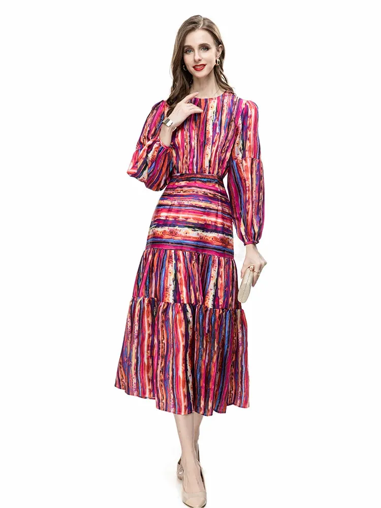 Zoe Neck High Waist Floral Color Splice Print Long Dress