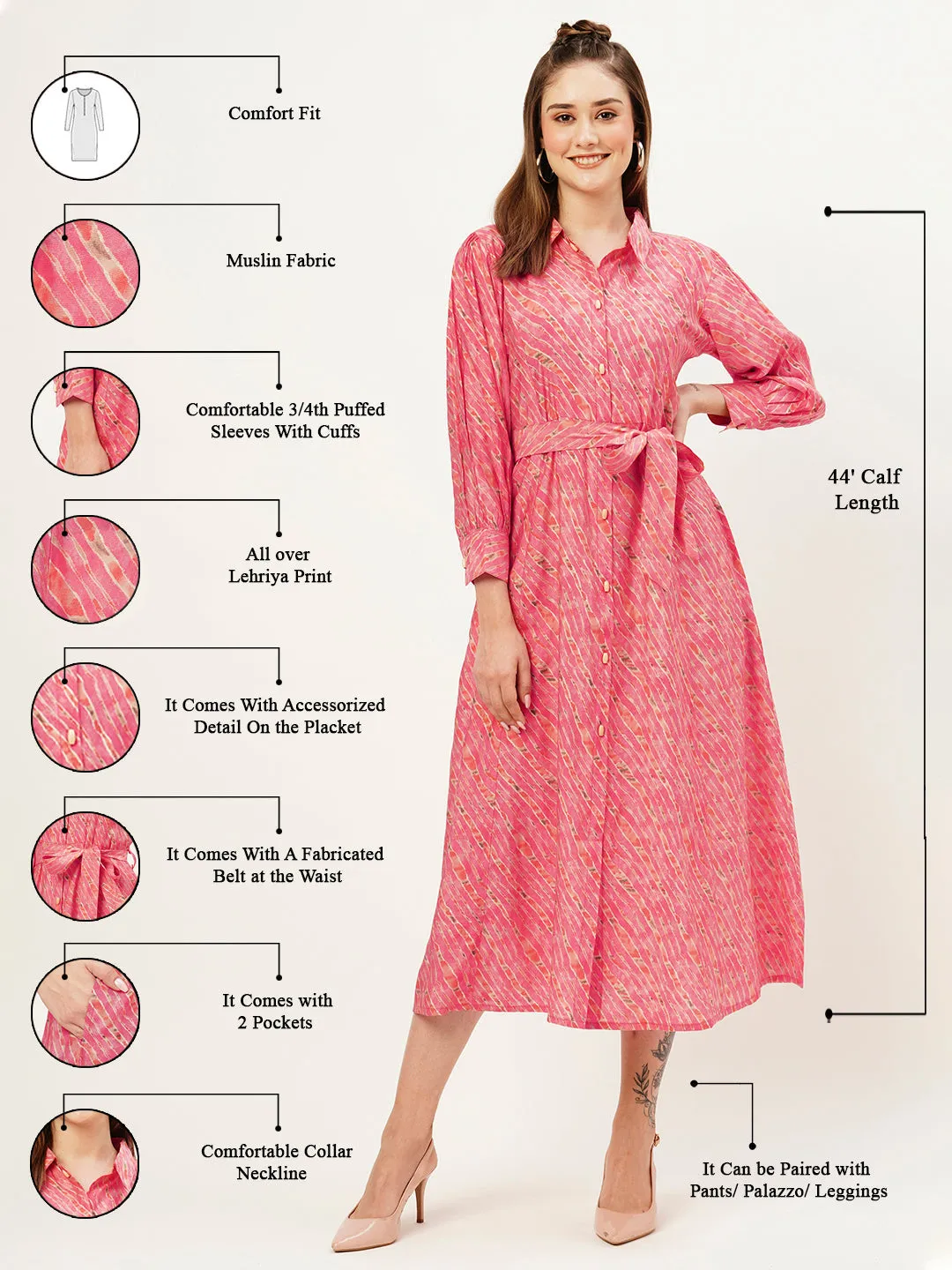 ZOLA Collar Neck Muslin All Over Colorful Lehriya Print Pink Fit & Flare Ethnic Dress For Women