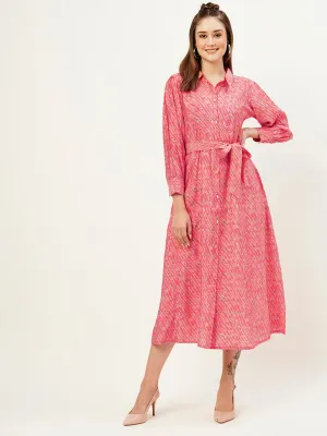 ZOLA Collar Neck Muslin All Over Colorful Lehriya Print Pink Fit & Flare Ethnic Dress For Women