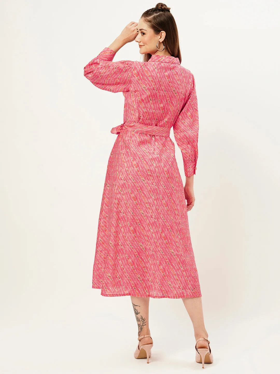 ZOLA Collar Neck Muslin All Over Colorful Lehriya Print Pink Fit & Flare Ethnic Dress For Women