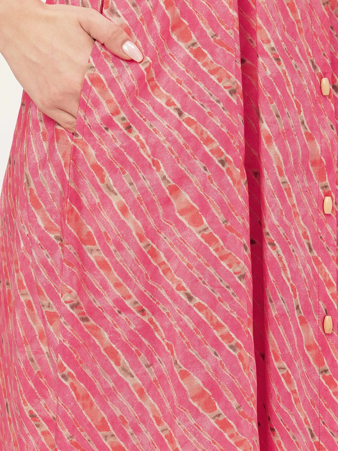 ZOLA Collar Neck Muslin All Over Colorful Lehriya Print Pink Fit & Flare Ethnic Dress For Women