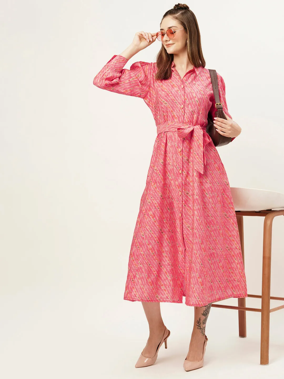 ZOLA Collar Neck Muslin All Over Colorful Lehriya Print Pink Fit & Flare Ethnic Dress For Women