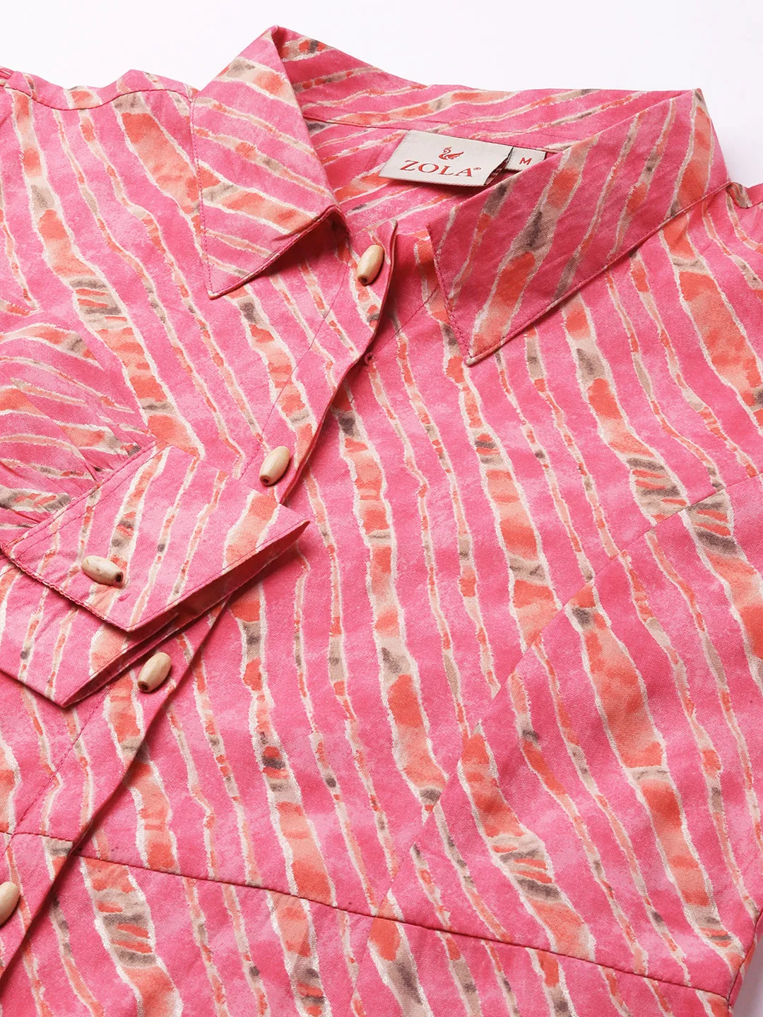 ZOLA Collar Neck Muslin All Over Colorful Lehriya Print Pink Fit & Flare Ethnic Dress For Women