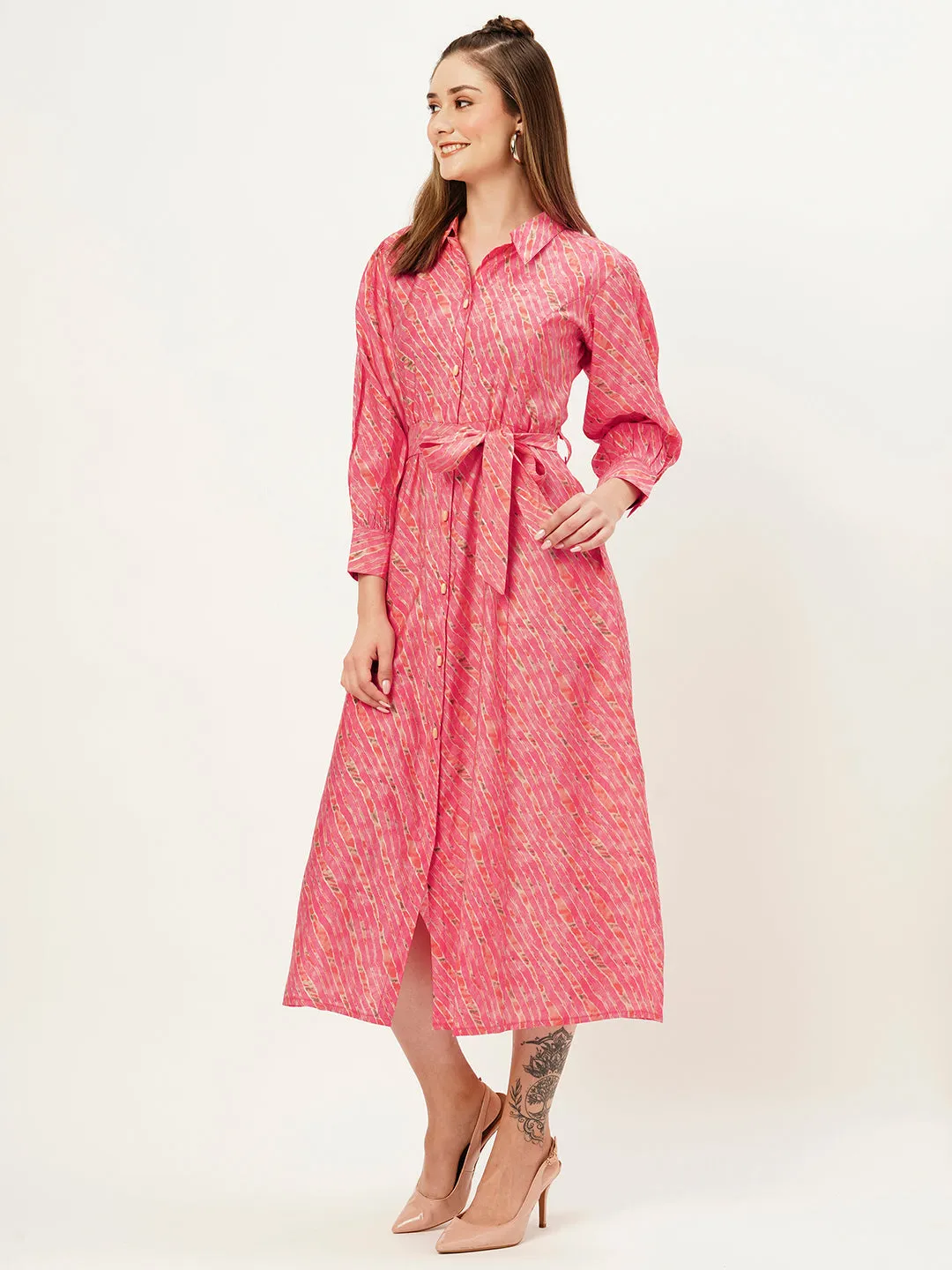 ZOLA Collar Neck Muslin All Over Colorful Lehriya Print Pink Fit & Flare Ethnic Dress For Women