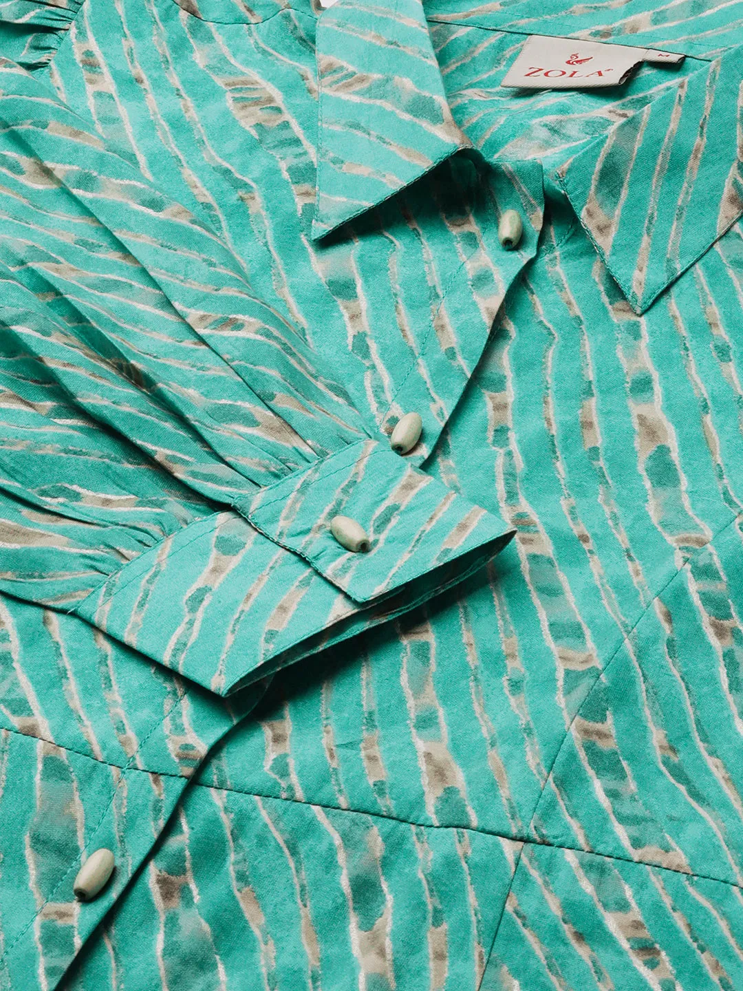 ZOLA Collar Neck Muslin All Over Colorful Lehriya Print Sea Green Fit & Flare Ethnic Dress For Women