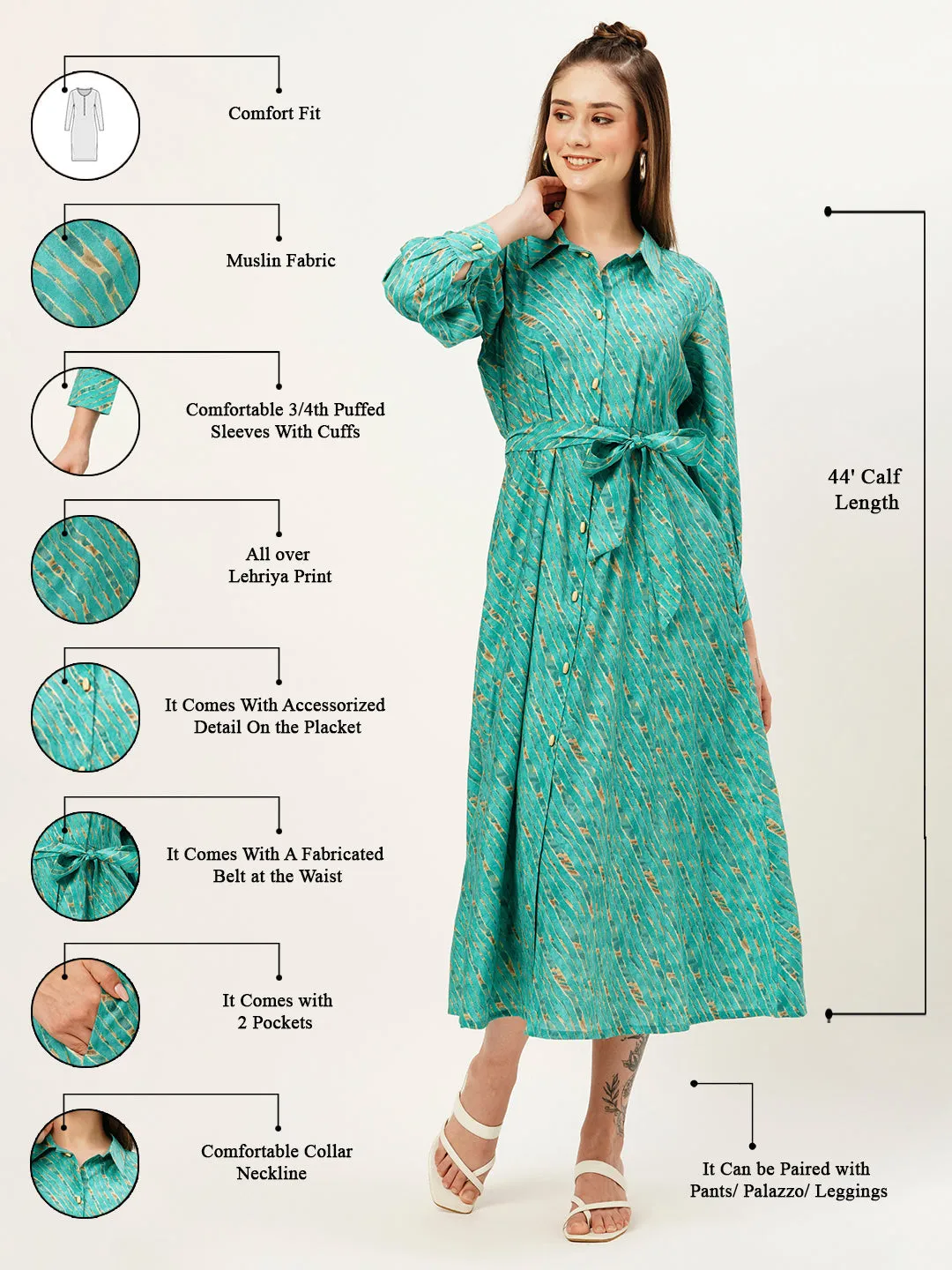 ZOLA Collar Neck Muslin All Over Colorful Lehriya Print Sea Green Fit & Flare Ethnic Dress For Women