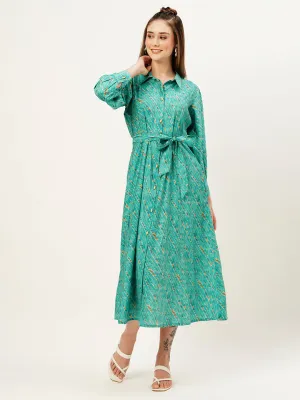 ZOLA Collar Neck Muslin All Over Colorful Lehriya Print Sea Green Fit & Flare Ethnic Dress For Women