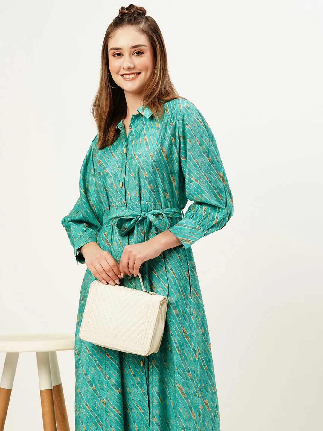 ZOLA Collar Neck Muslin All Over Colorful Lehriya Print Sea Green Fit & Flare Ethnic Dress For Women