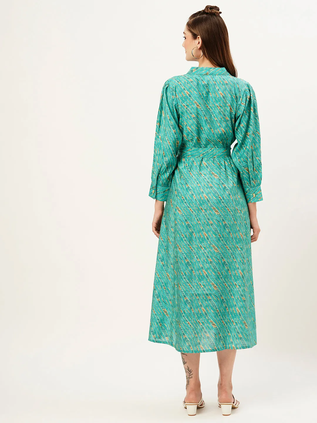 ZOLA Collar Neck Muslin All Over Colorful Lehriya Print Sea Green Fit & Flare Ethnic Dress For Women