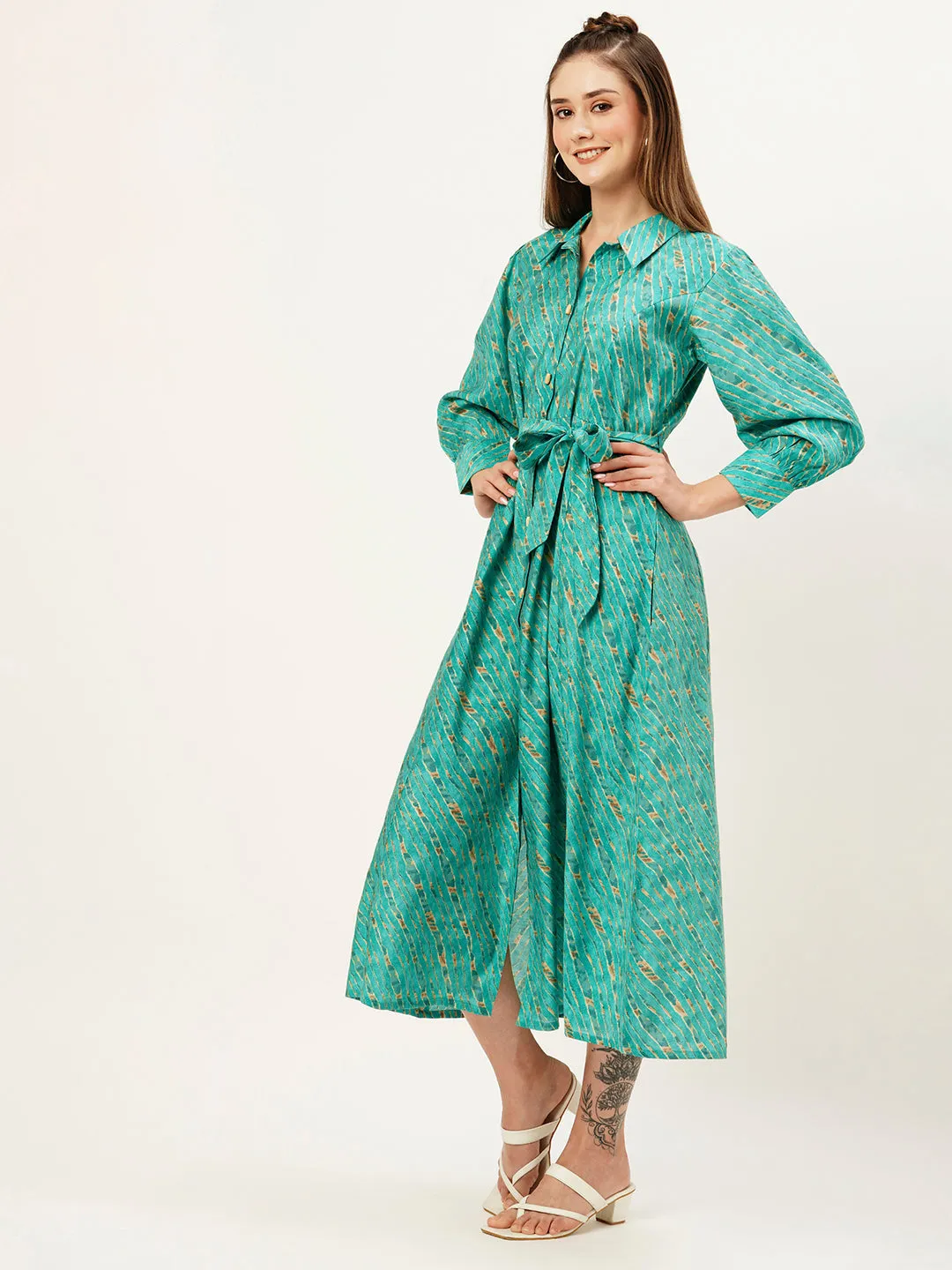 ZOLA Collar Neck Muslin All Over Colorful Lehriya Print Sea Green Fit & Flare Ethnic Dress For Women