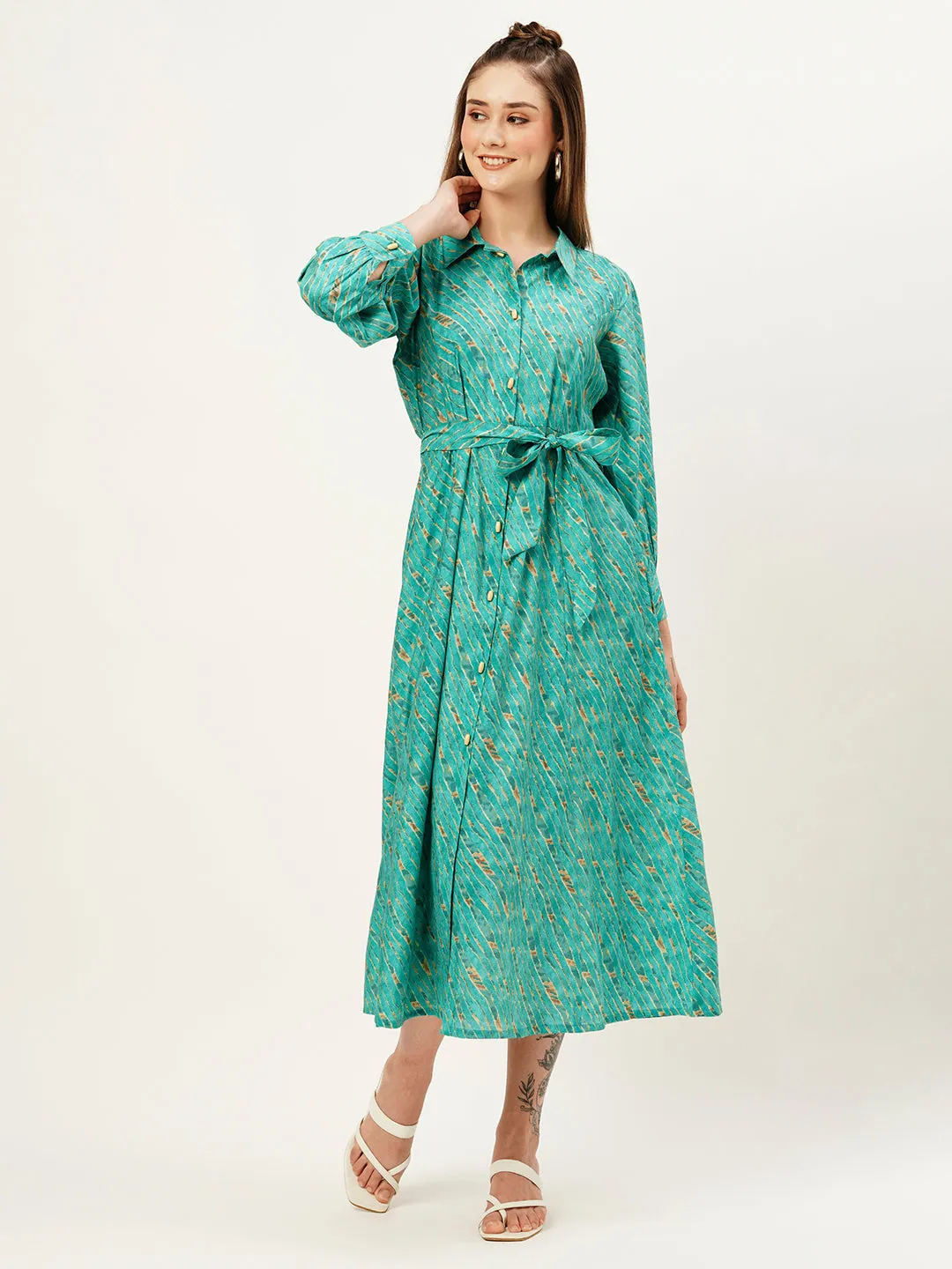 ZOLA Collar Neck Muslin All Over Colorful Lehriya Print Sea Green Fit & Flare Ethnic Dress For Women
