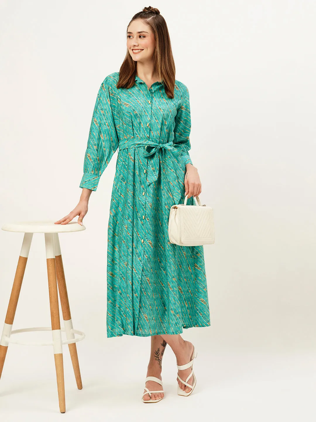 ZOLA Collar Neck Muslin All Over Colorful Lehriya Print Sea Green Fit & Flare Ethnic Dress For Women